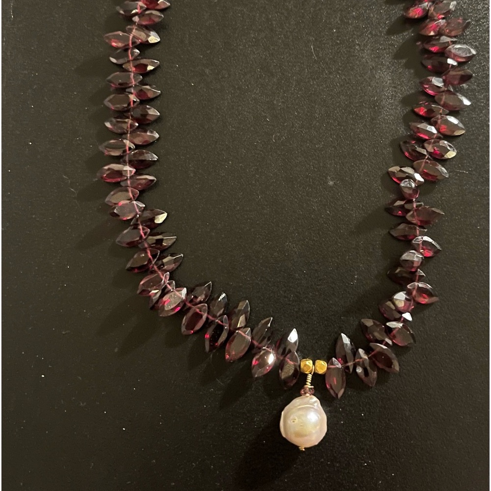 Hand Crafted Natural Garnet Necklace with Fresh Water Pearl 14k accent and clasp